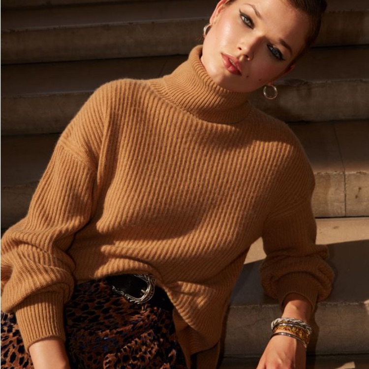 The Kooples Side Split Turtleneck Sweater In Camel